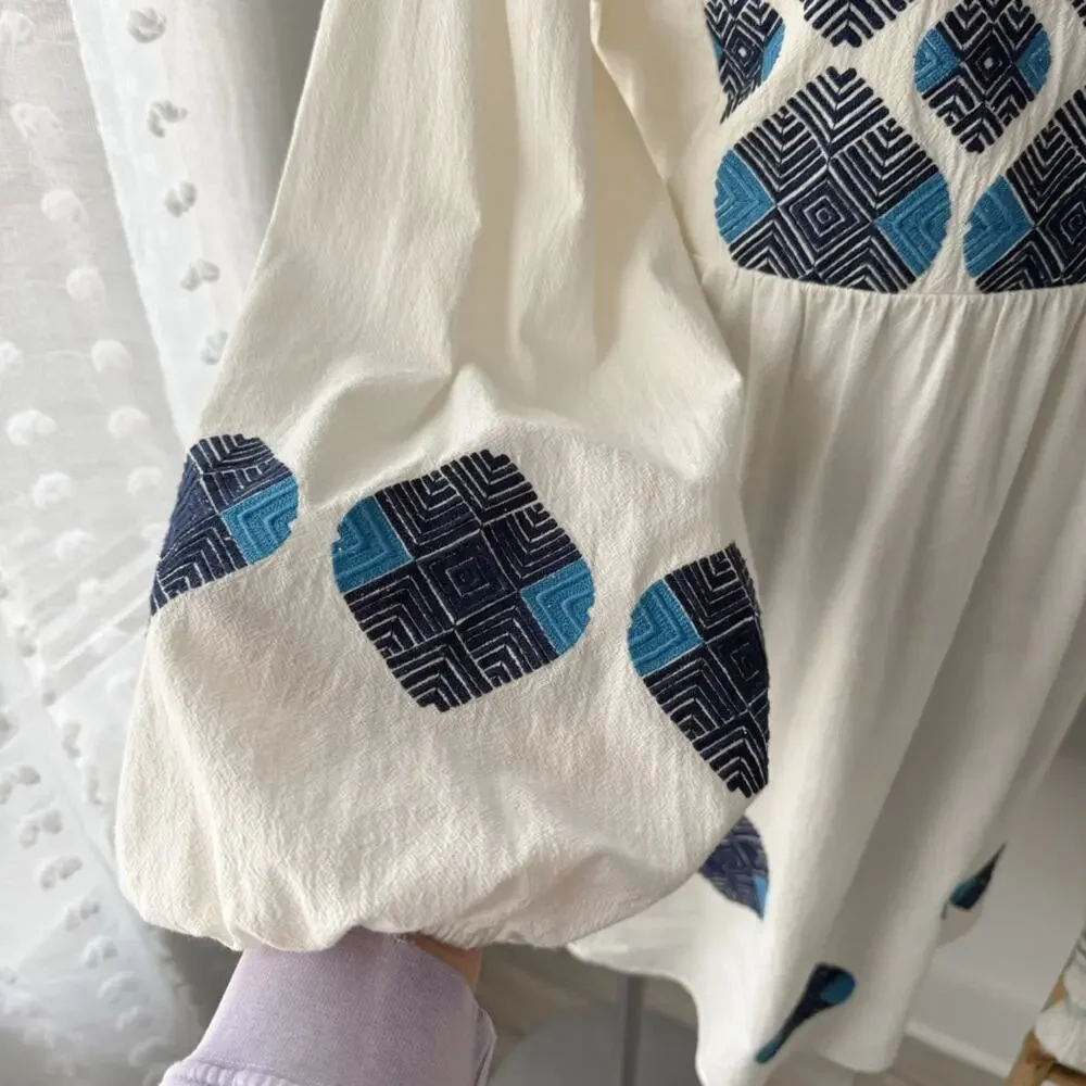 Figue Lucie White Blue Embroidered Pom Pom Long Balloon Sleeves Boho Mini Dress - Picture 5 of 13
